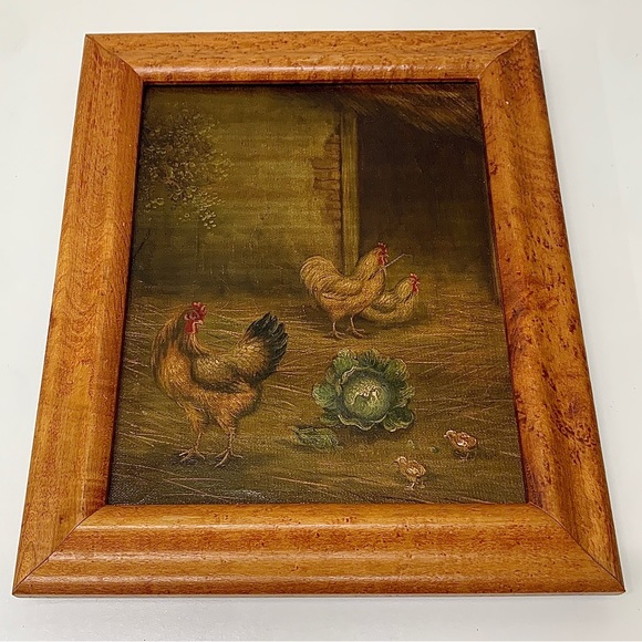 Vintage Birdseye Maple Framed Canvas Oil Painting Rooster Hen Chicks Farmhouse - Picture 10 of 16
